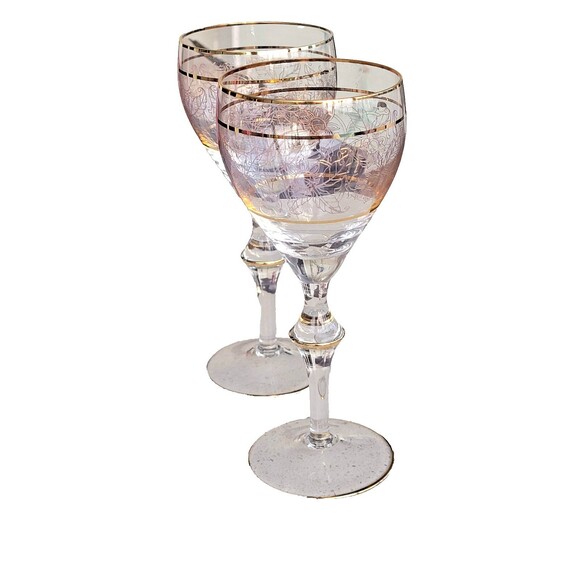 Unmarked Other - Vintage Crystal Wine Glasses Gold Etched & Banded Stemware Set/2
